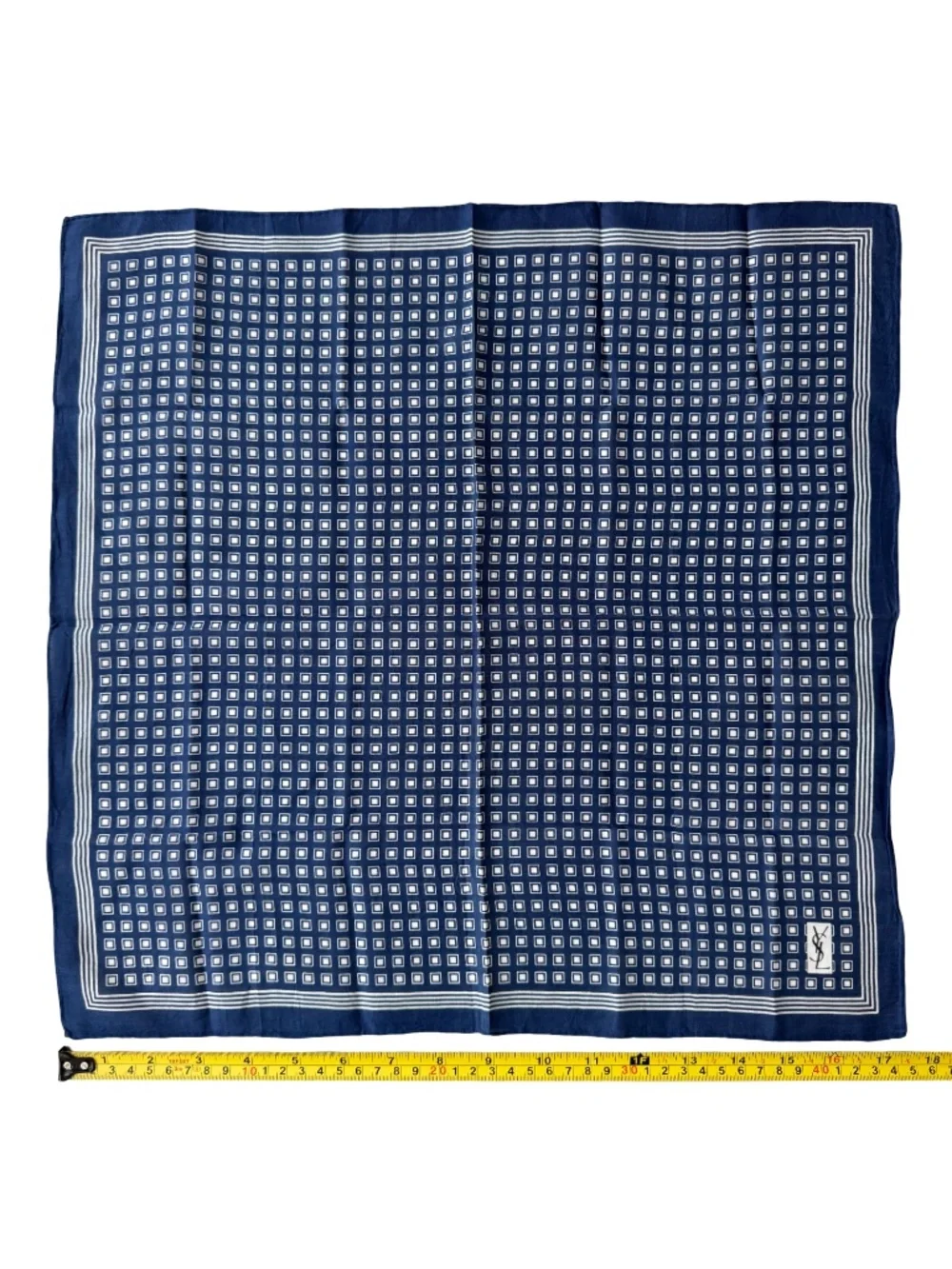 Vintage Yves Saint Laurent Handkerchief Navy Geometric Pocket Square Scarf 17.5